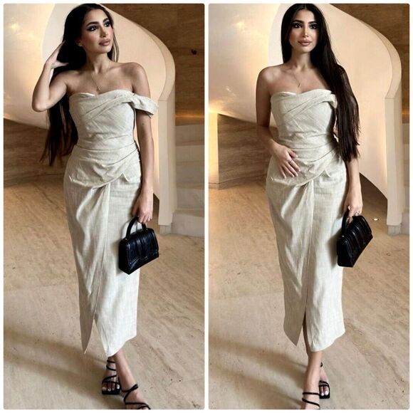 Zara Midi Slip Dress Womens Small Asymmetrical Taupe Neutral Sheath 3265/332 - Picture 1 of 8